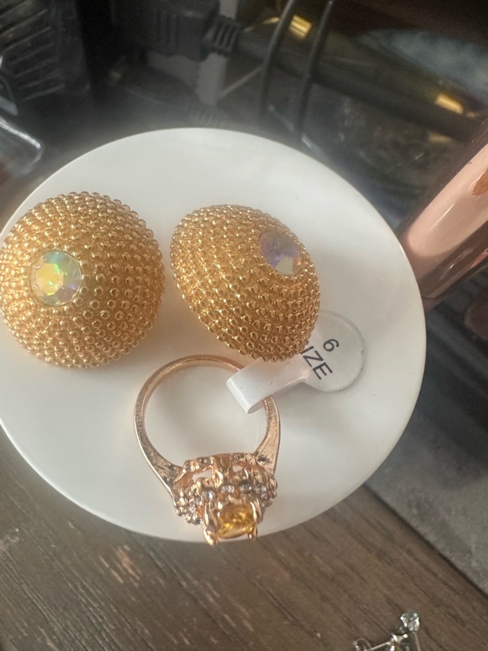 Gold-Tone Dome pierced Earrings and Citrine color a Ring size 6